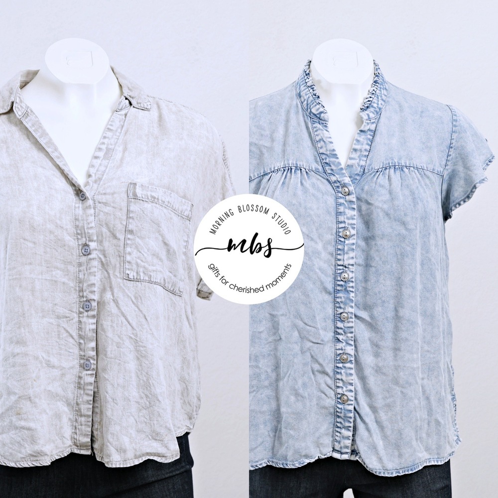 Bundle of 2 Jane + Delancey Acid Wash Button Down Tops Blue Gray Women M